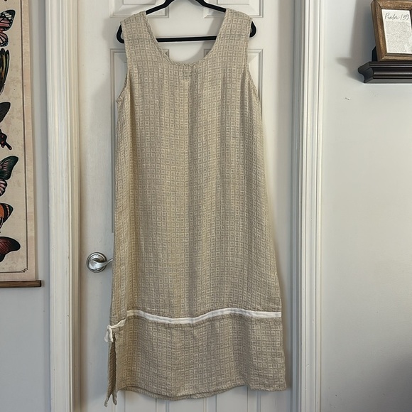 Flax Tan Sleeveless Sheath Dress Midi Scoop Neck 100% linen tan textured - Picture 4 of 6
